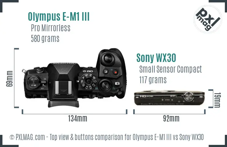 Olympus E-M1 III vs Sony WX30 top view buttons comparison