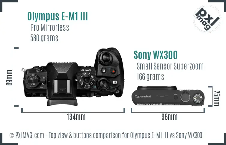 Olympus E-M1 III vs Sony WX300 top view buttons comparison