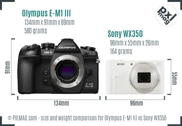 Olympus E-M1 III vs Sony WX350 size comparison