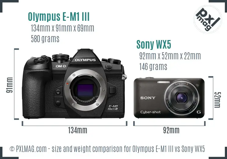 Olympus E-M1 III vs Sony WX5 size comparison