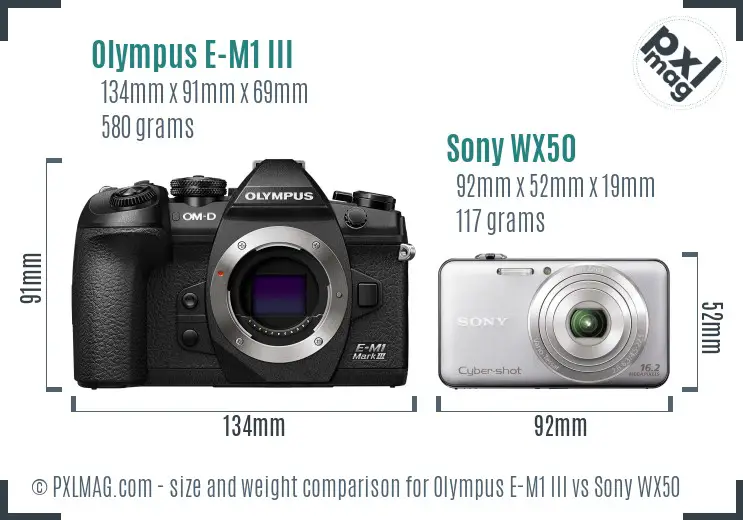 Olympus E-M1 III vs Sony WX50 size comparison