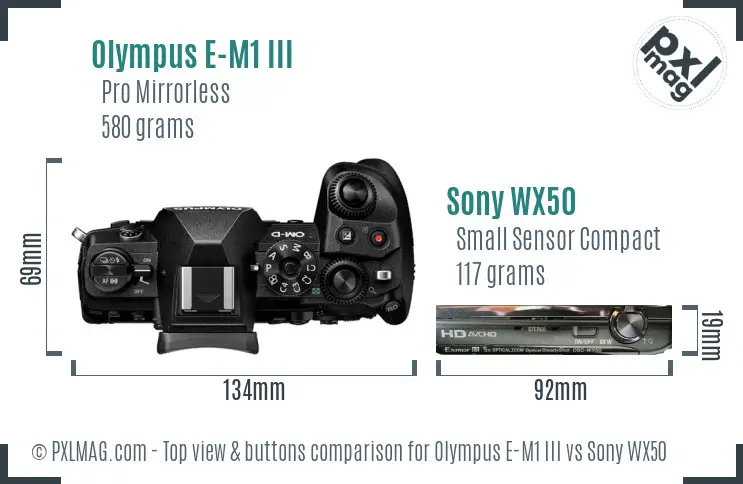 Olympus E-M1 III vs Sony WX50 top view buttons comparison