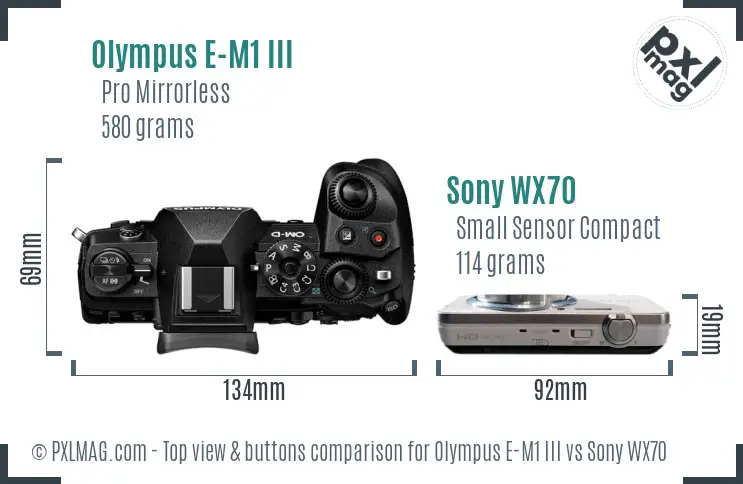 Olympus E-M1 III vs Sony WX70 top view buttons comparison