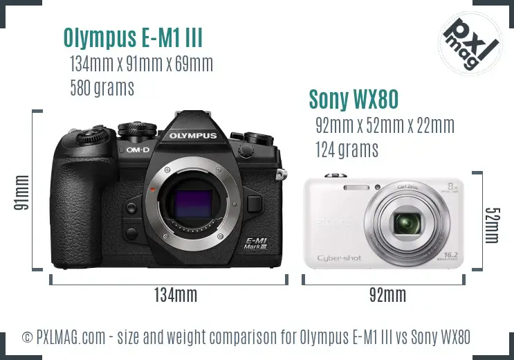 Olympus E-M1 III vs Sony WX80 size comparison