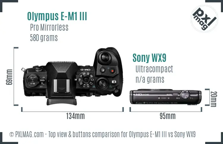 Olympus E-M1 III vs Sony WX9 top view buttons comparison