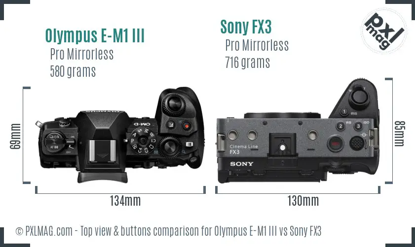 Olympus E-M1 III vs Sony FX3 top view buttons comparison