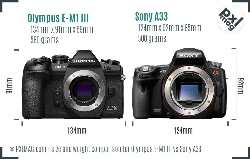 Olympus E-M1 III vs Sony A33 size comparison