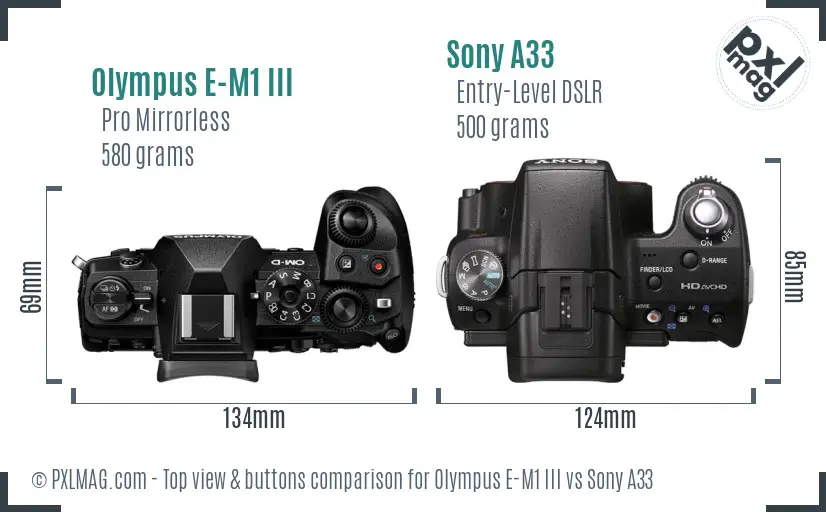 Olympus E-M1 III vs Sony A33 top view buttons comparison