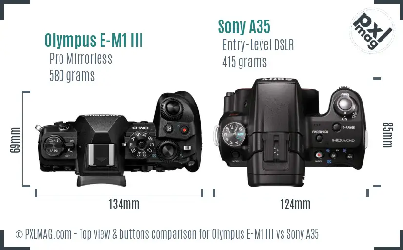Olympus E-M1 III vs Sony A35 top view buttons comparison