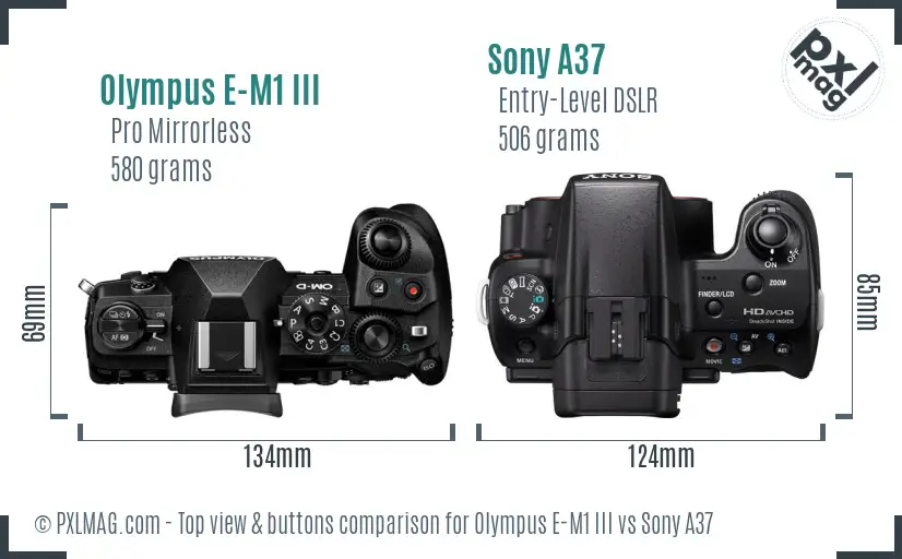 Olympus E-M1 III vs Sony A37 top view buttons comparison