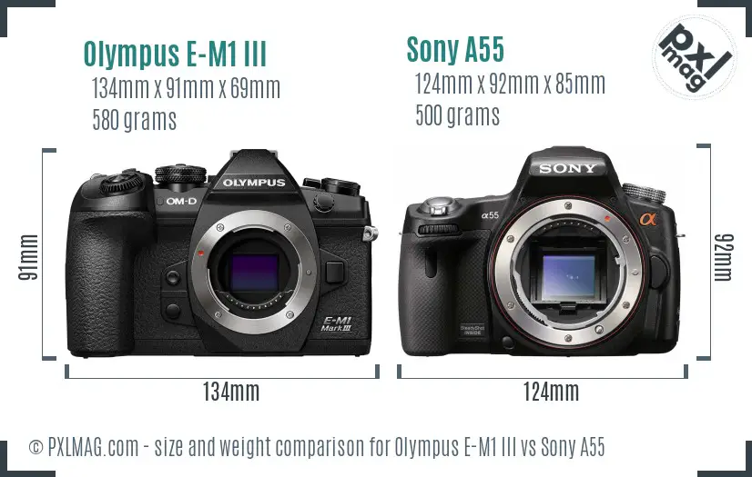 Olympus E-M1 III vs Sony A55 size comparison