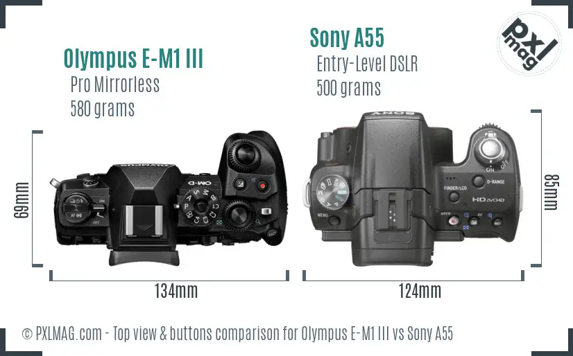 Olympus E-M1 III vs Sony A55 top view buttons comparison