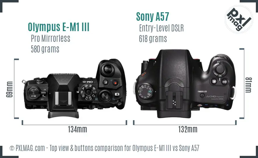 Olympus E-M1 III vs Sony A57 top view buttons comparison
