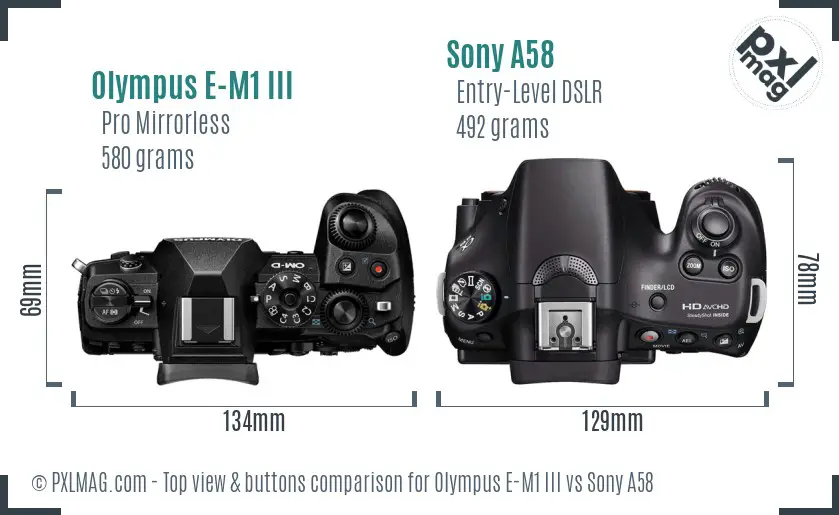 Olympus E-M1 III vs Sony A58 top view buttons comparison