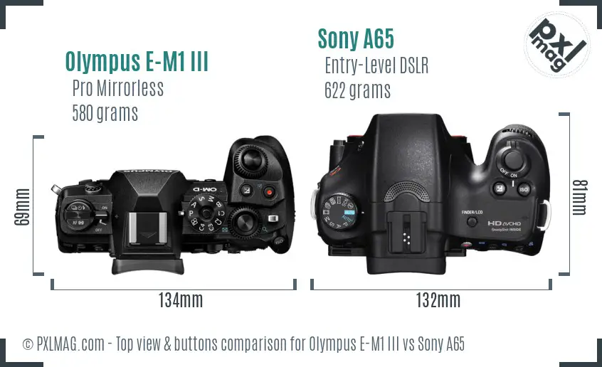 Olympus E-M1 III vs Sony A65 top view buttons comparison