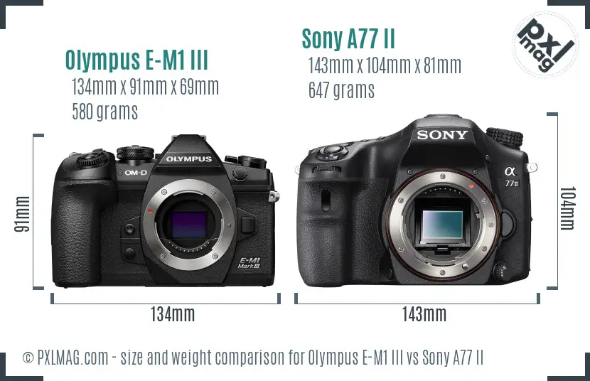 Olympus E-M1 III vs Sony A77 II size comparison Olympus E-M1 III vs Sony A77 II size comparison