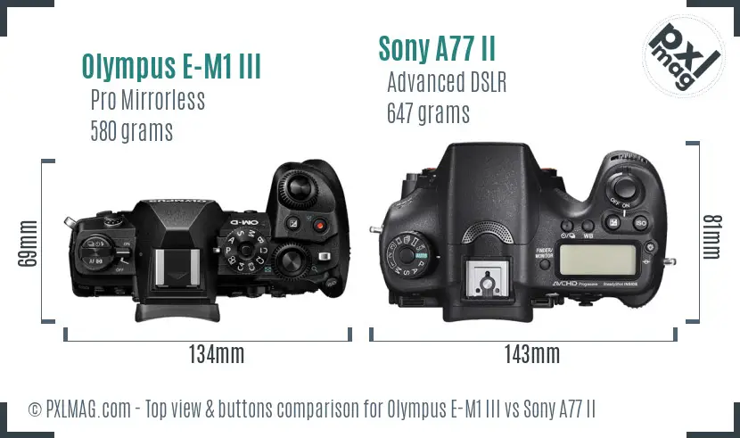 Olympus E-M1 III vs Sony A77 II top view buttons comparison Olympus E-M1 III vs Sony A77 II top view buttons comparison