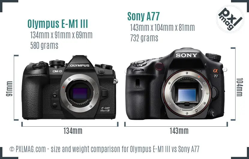 Olympus E-M1 III vs Sony A77 size comparison