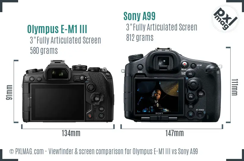 Olympus E-M1 III vs Sony A99 Screen and Viewfinder comparison