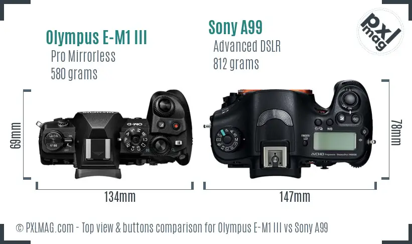 Olympus E-M1 III vs Sony A99 top view buttons comparison