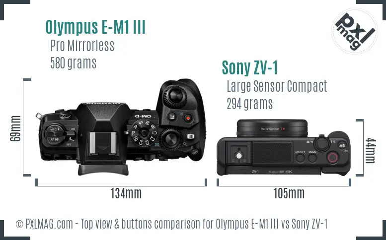 Olympus E-M1 III vs Sony ZV-1 top view buttons comparison