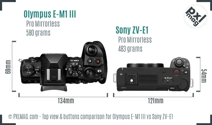 Olympus E-M1 III vs Sony ZV-E1 top view buttons comparison