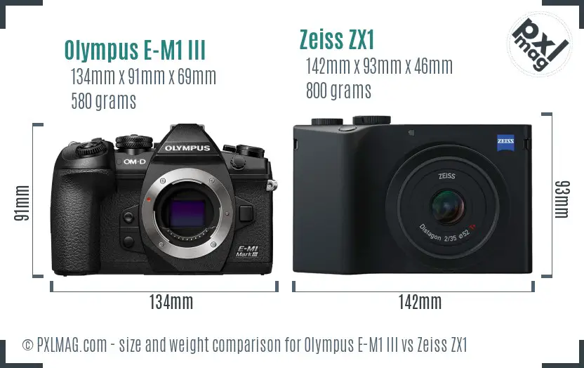 Olympus E-M1 III vs Zeiss ZX1 size comparison