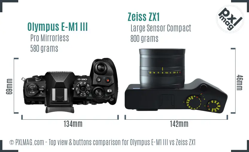 Olympus E-M1 III vs Zeiss ZX1 top view buttons comparison