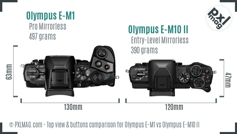 Olympus E-M1 vs Olympus E-M10 II top view buttons comparison
