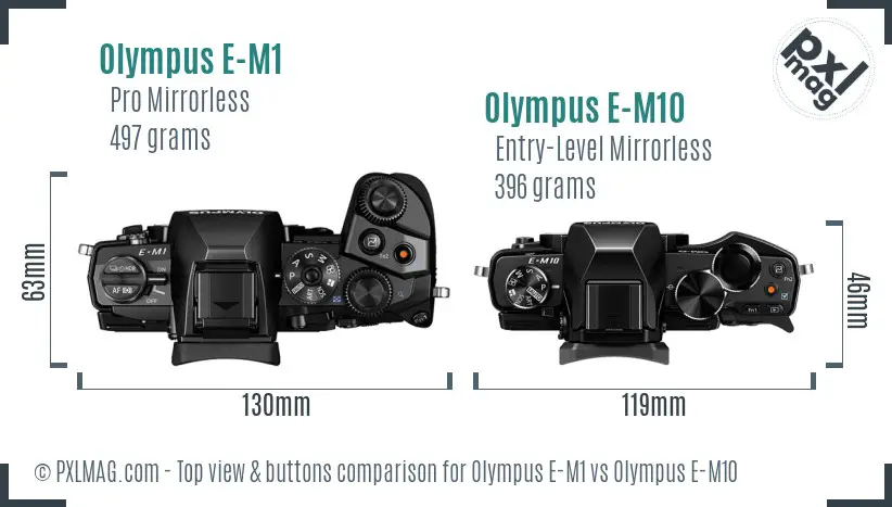Olympus E-M1 vs Olympus E-M10 top view buttons comparison