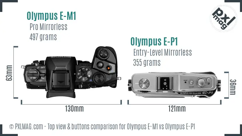 Olympus E-M1 vs Olympus E-P1 top view buttons comparison