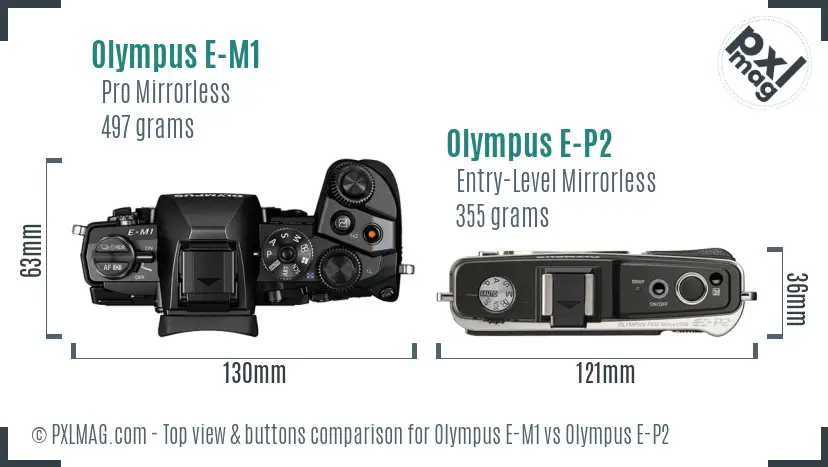 Olympus E-M1 vs Olympus E-P2 top view buttons comparison