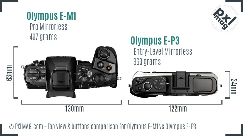 Olympus E-M1 vs Olympus E-P3 top view buttons comparison