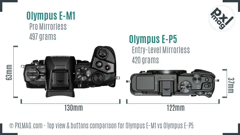 Olympus E-M1 vs Olympus E-P5 top view buttons comparison