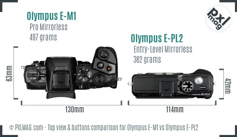 Olympus E-M1 vs Olympus E-PL2 top view buttons comparison