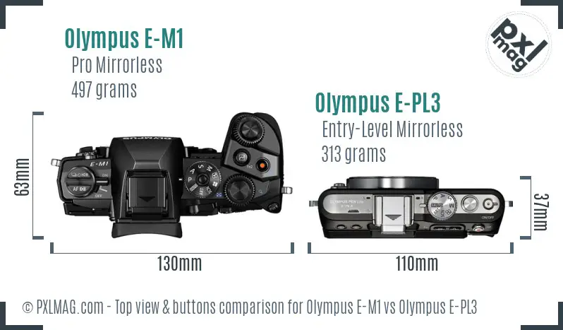 Olympus E-M1 vs Olympus E-PL3 top view buttons comparison