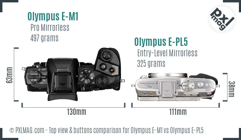 Olympus E-M1 vs Olympus E-PL5 top view buttons comparison