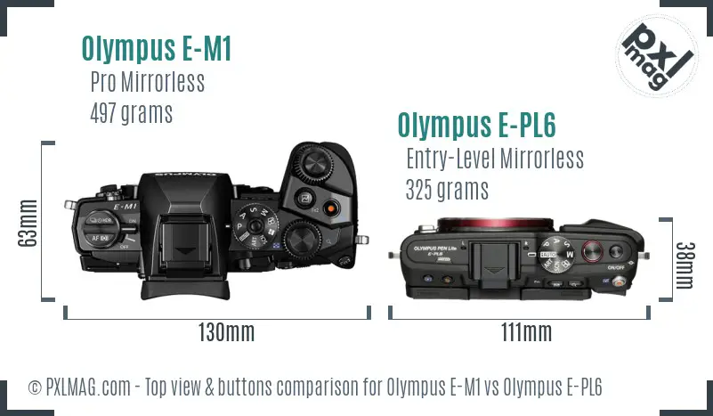 Olympus E-M1 vs Olympus E-PL6 top view buttons comparison