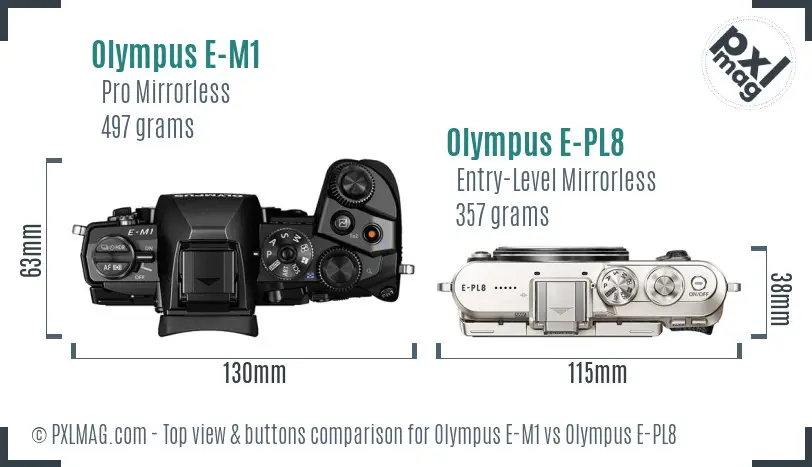 Olympus E-M1 vs Olympus E-PL8 top view buttons comparison