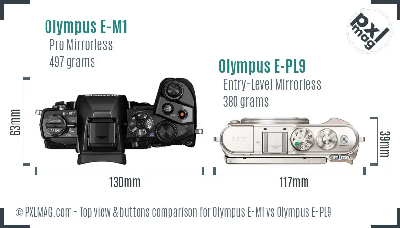 Olympus E-M1 vs Olympus E-PL9 top view buttons comparison