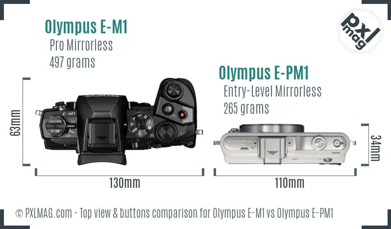 Olympus E-M1 vs Olympus E-PM1 top view buttons comparison