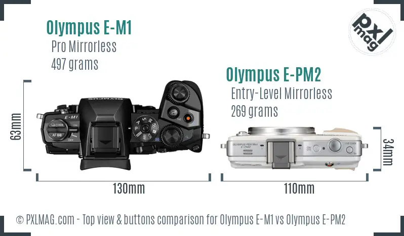 Olympus E-M1 vs Olympus E-PM2 top view buttons comparison