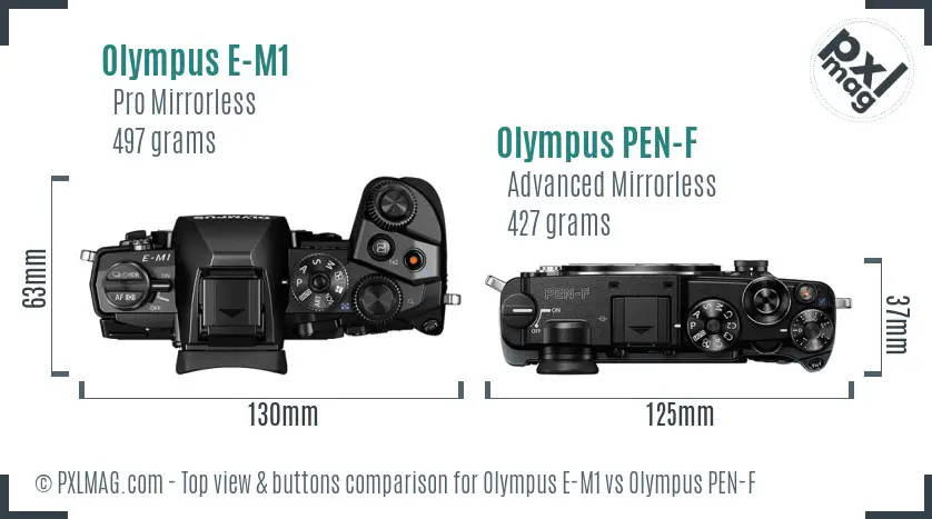 Olympus E-M1 vs Olympus PEN-F top view buttons comparison