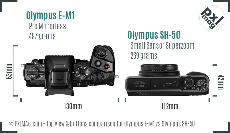 Olympus E-M1 vs Olympus SH-50 top view buttons comparison