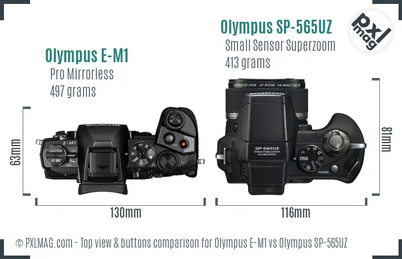 Olympus E-M1 vs Olympus SP-565UZ top view buttons comparison