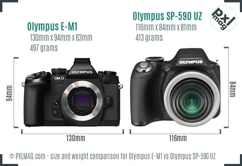 Olympus E-M1 vs Olympus SP-590 UZ size comparison