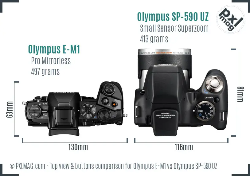 Olympus E-M1 vs Olympus SP-590 UZ top view buttons comparison