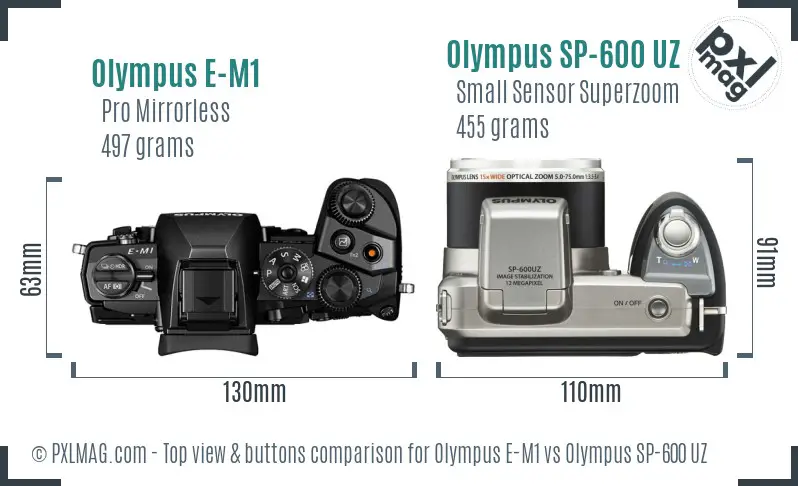 Olympus E-M1 vs Olympus SP-600 UZ top view buttons comparison