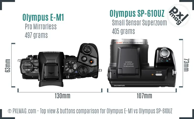 Olympus E-M1 vs Olympus SP-610UZ top view buttons comparison