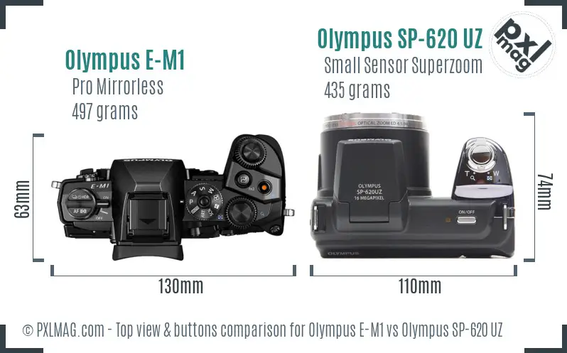 Olympus E-M1 vs Olympus SP-620 UZ top view buttons comparison